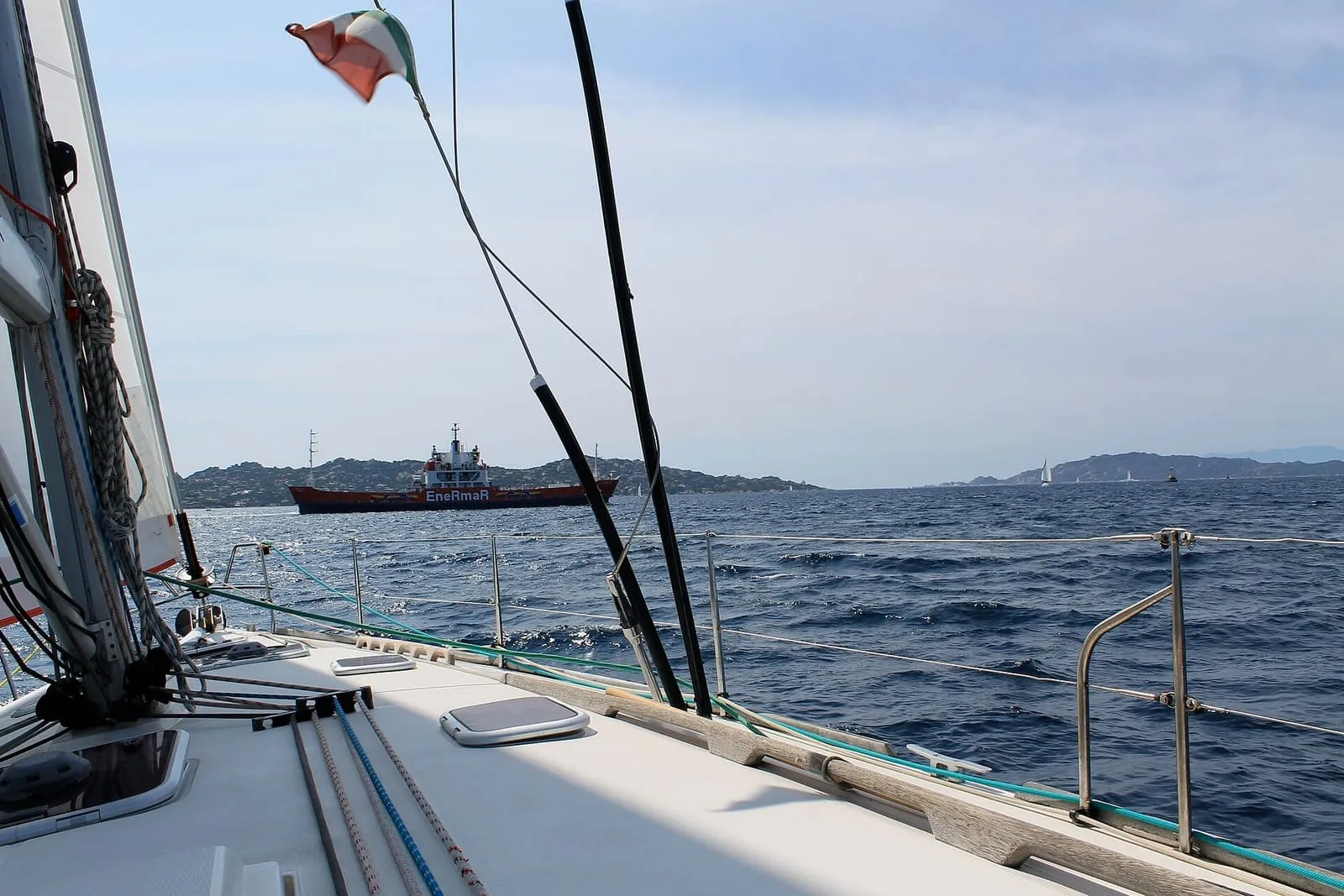 Bow of a sailing yacht under way in the La Maddalena Archipelago